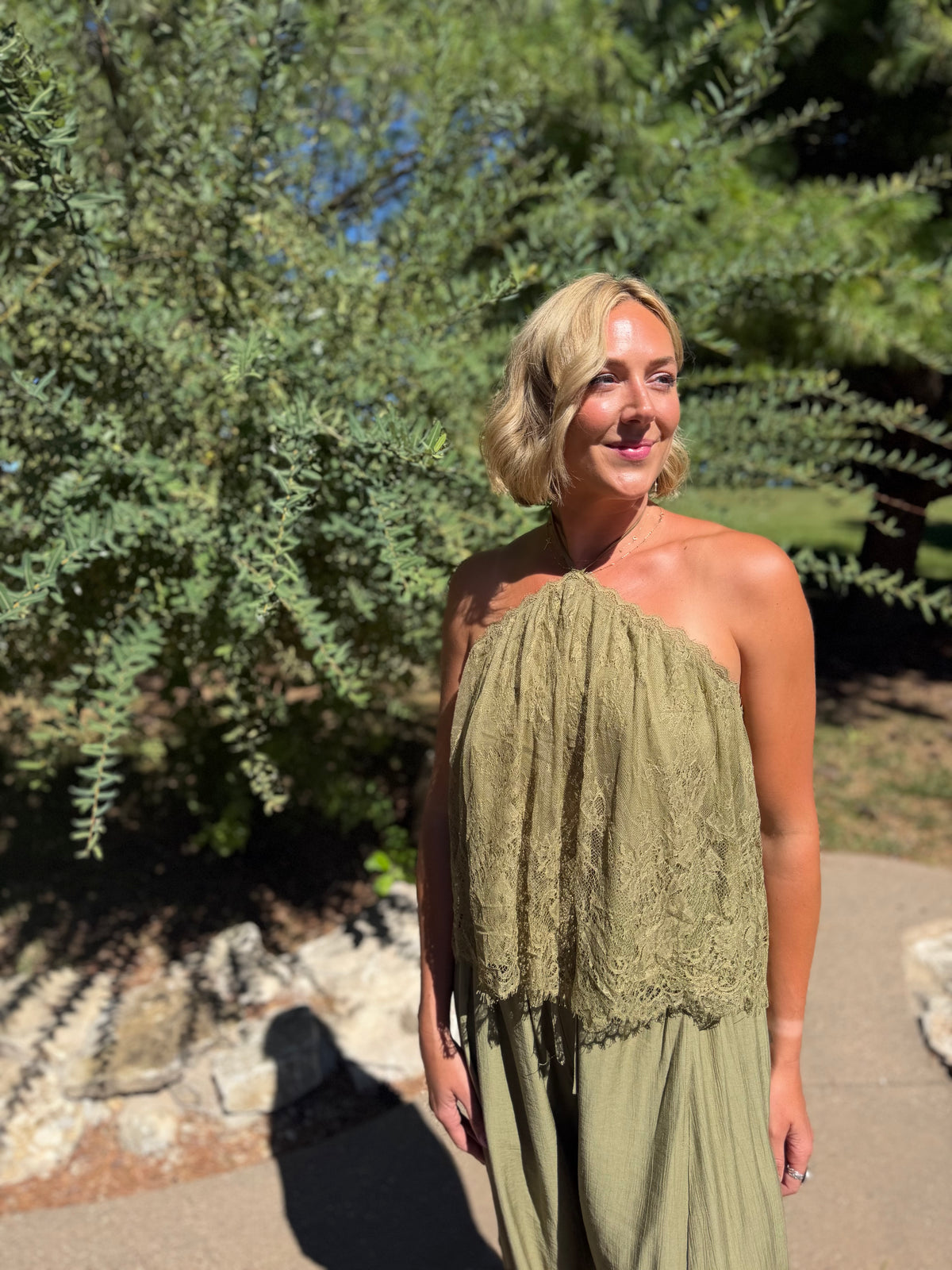 Olive Scallop Lace Halter Top