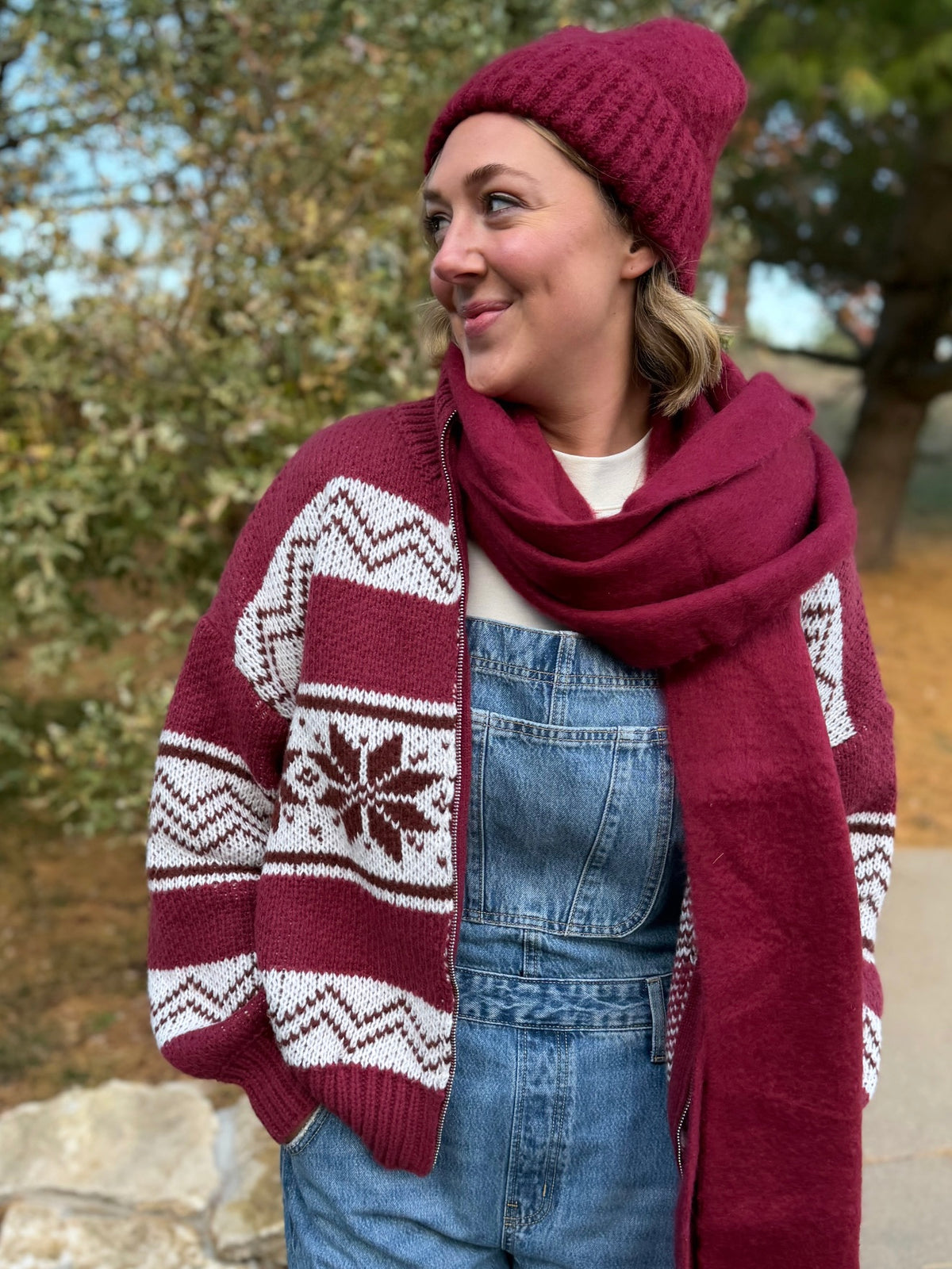 Burgundy Zip Front Fair Isle Sweater