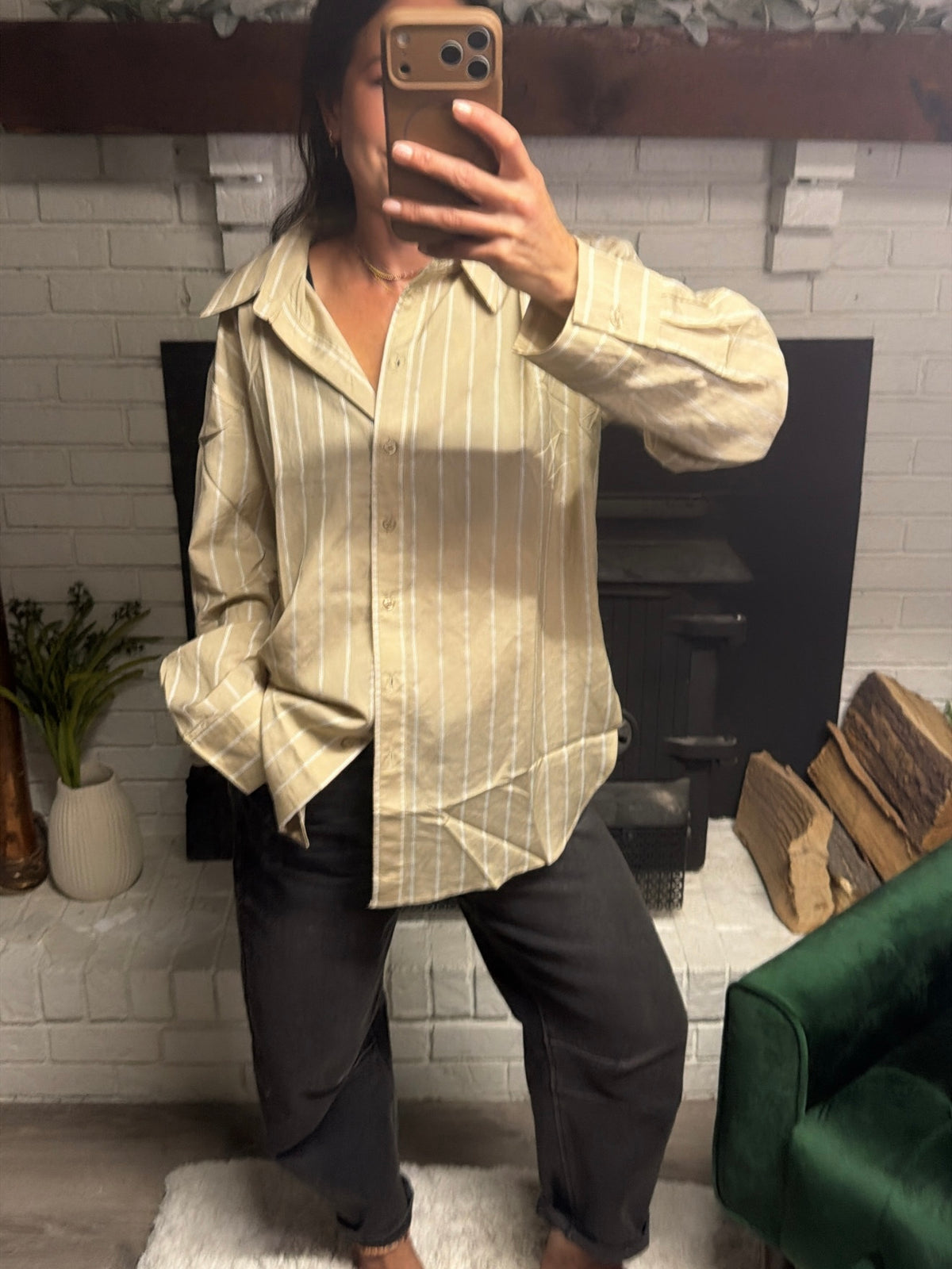Khaki Striped Oversized Woven Top