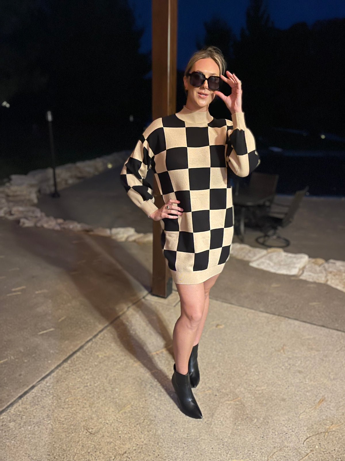 Checkered Mock Neck Sweater Dress