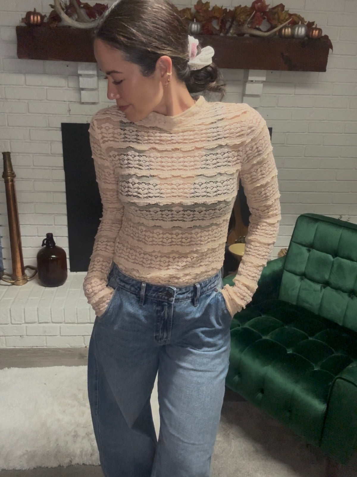 Beige Long Sleeve Lace Top