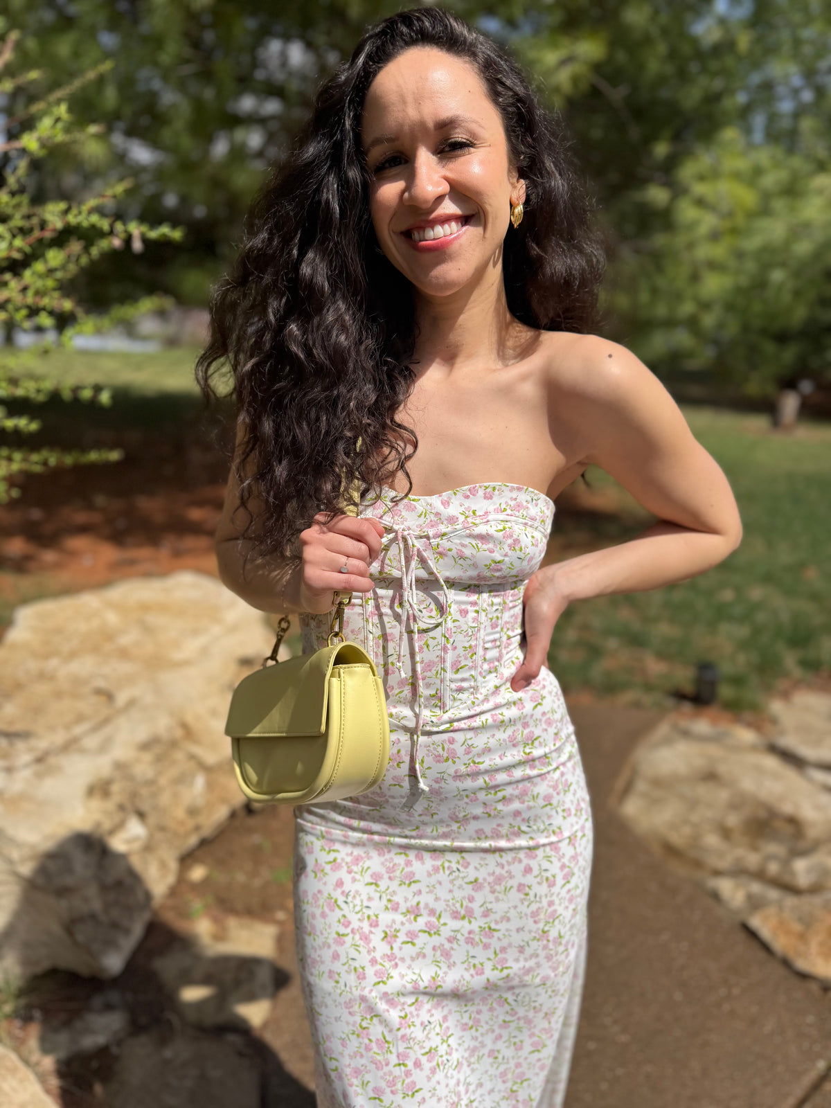 Pink Floral Print Strapless Midi Dress
