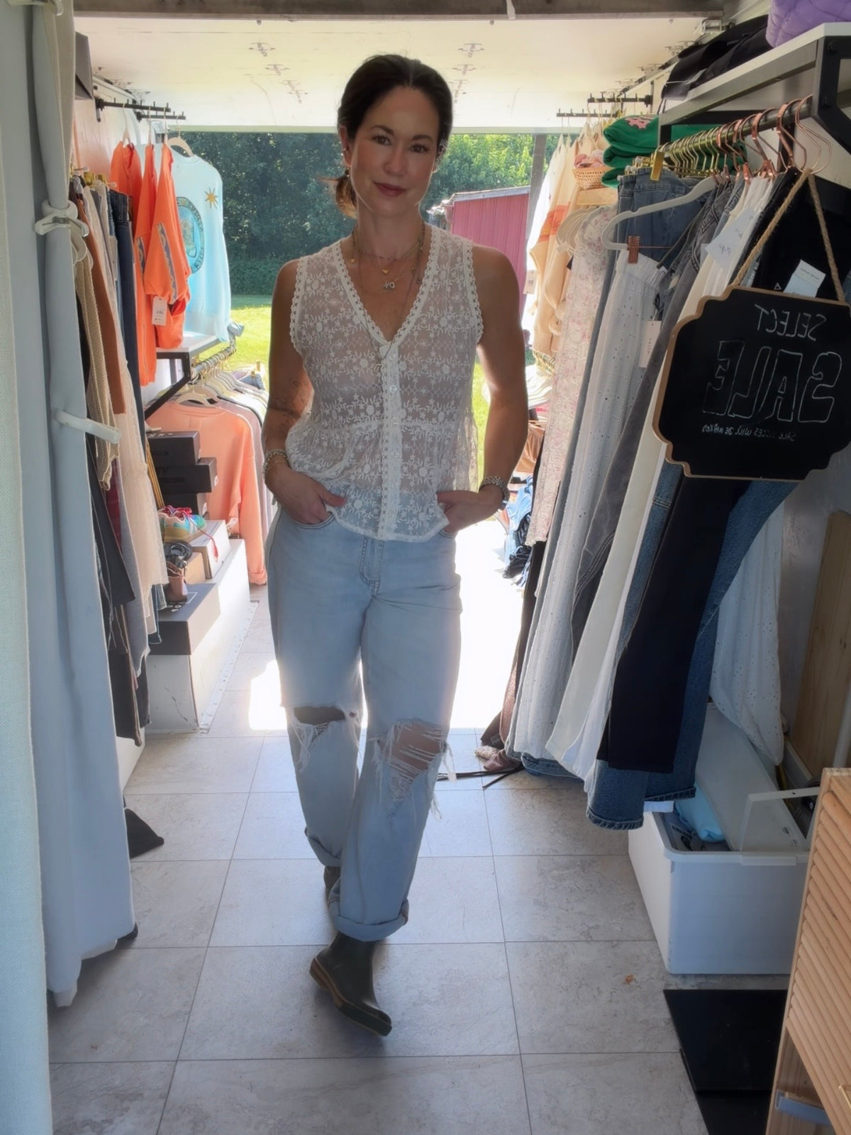Sleeveless Lace Button Front Top