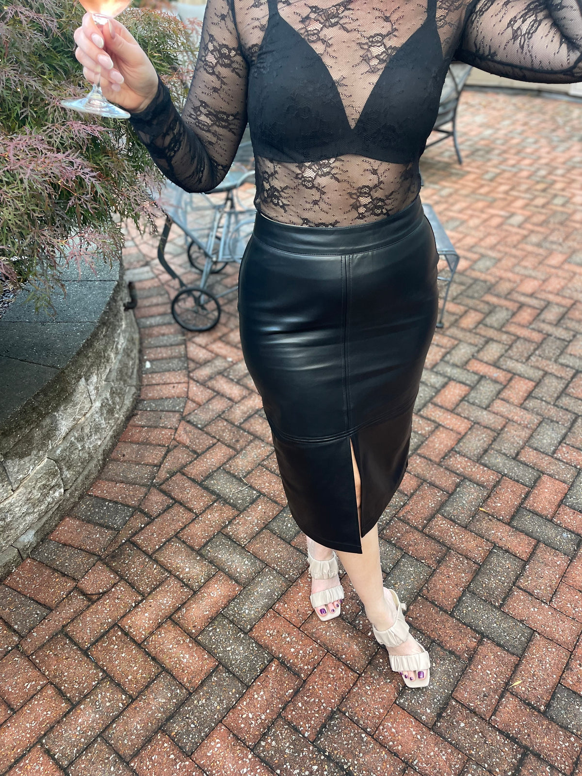 Black Vegan Leather Midi Skirt
