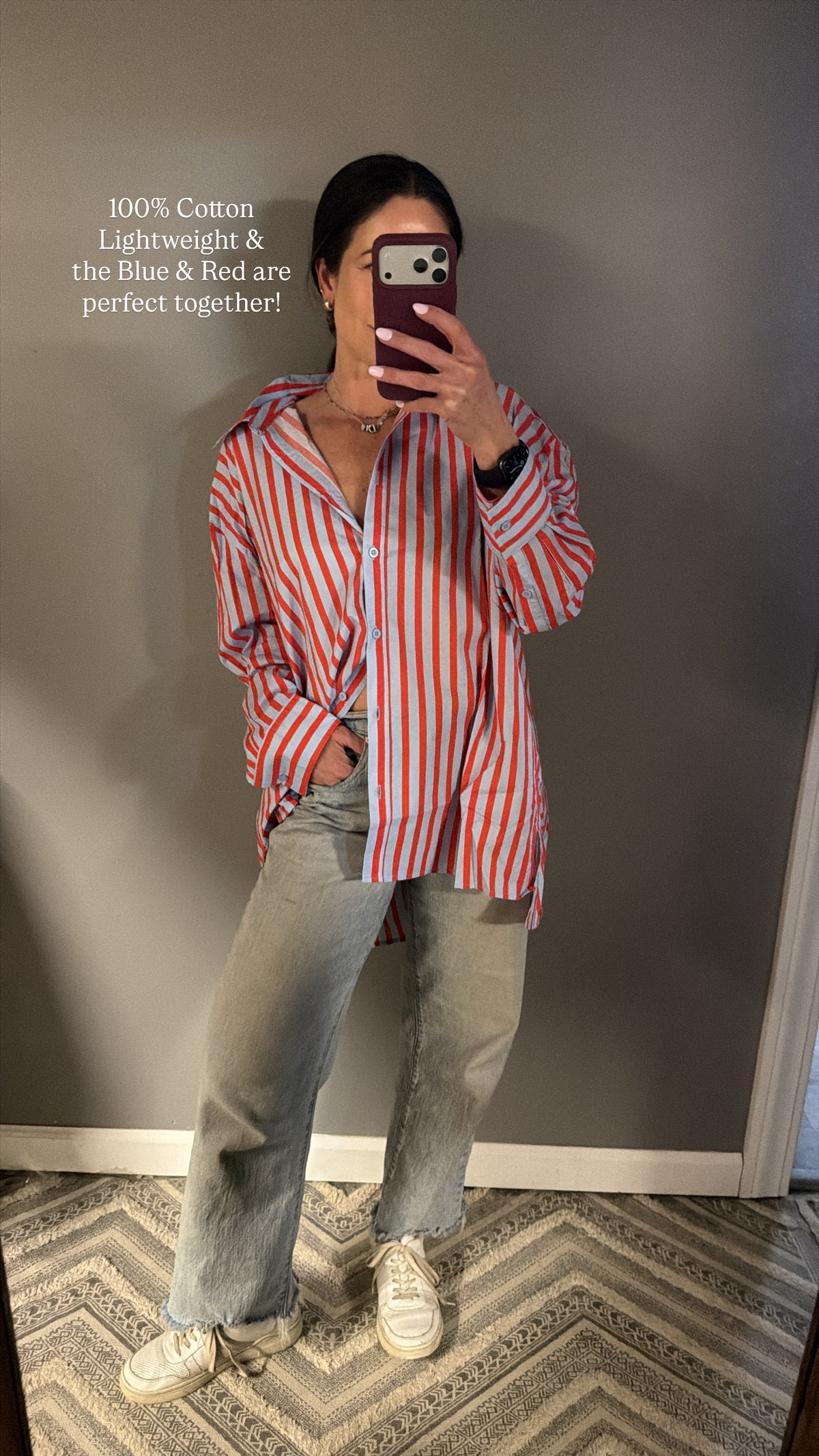 Tomato & Light Blue Striped Oversized Shirt