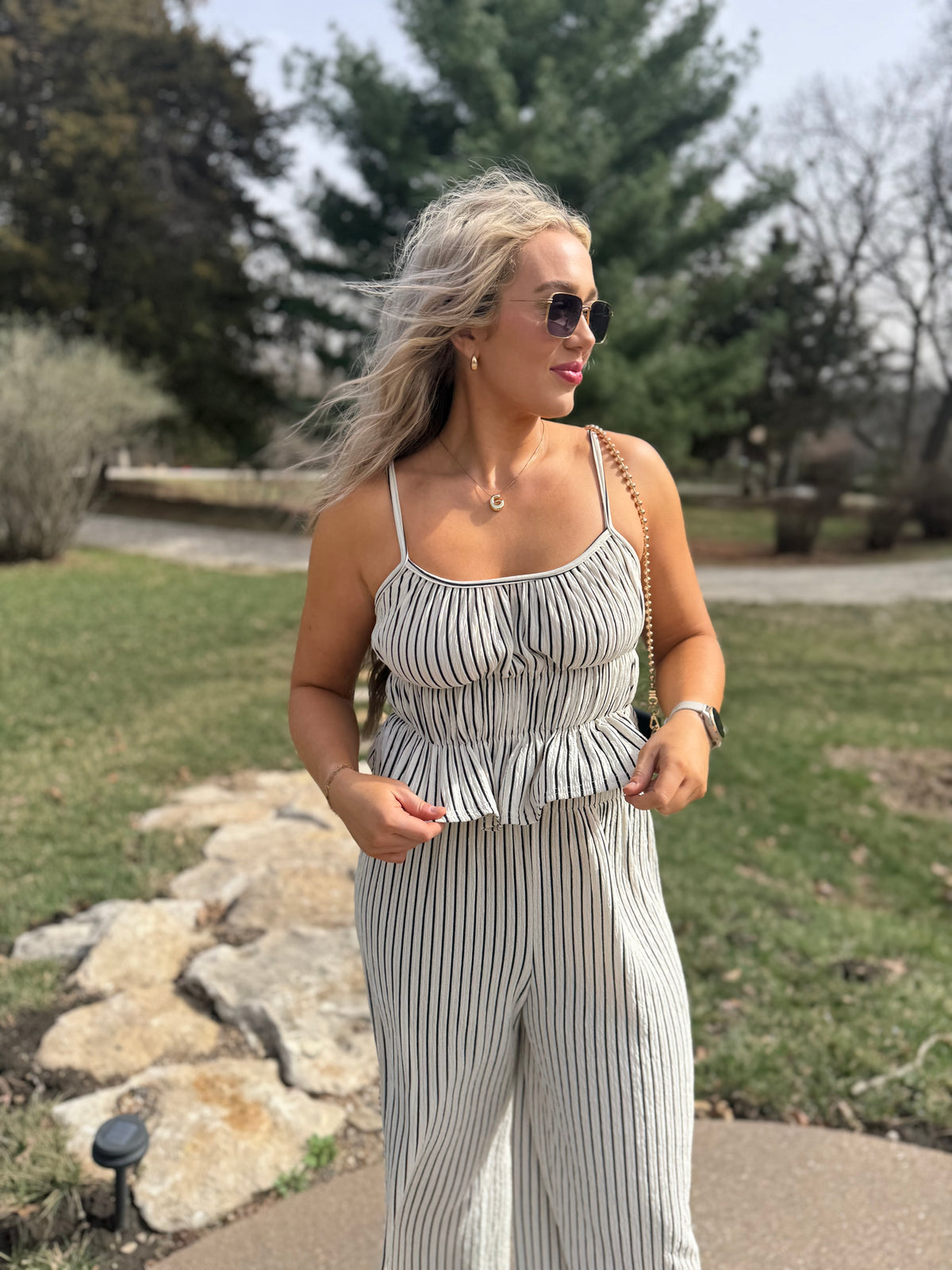 Black & Natural Striped Ruched Top