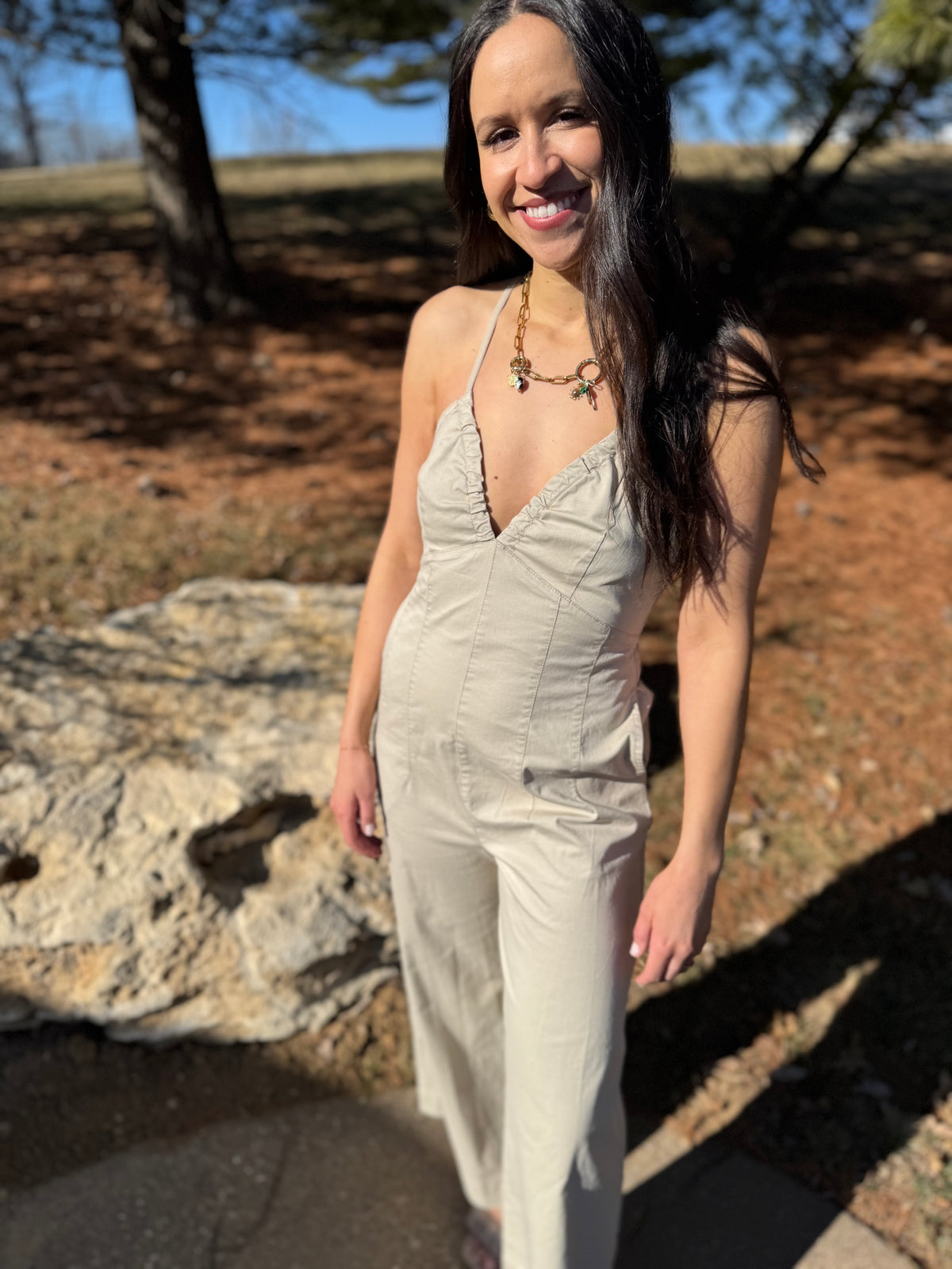 Tan Deep V Cross Tie Back Jumpsuit