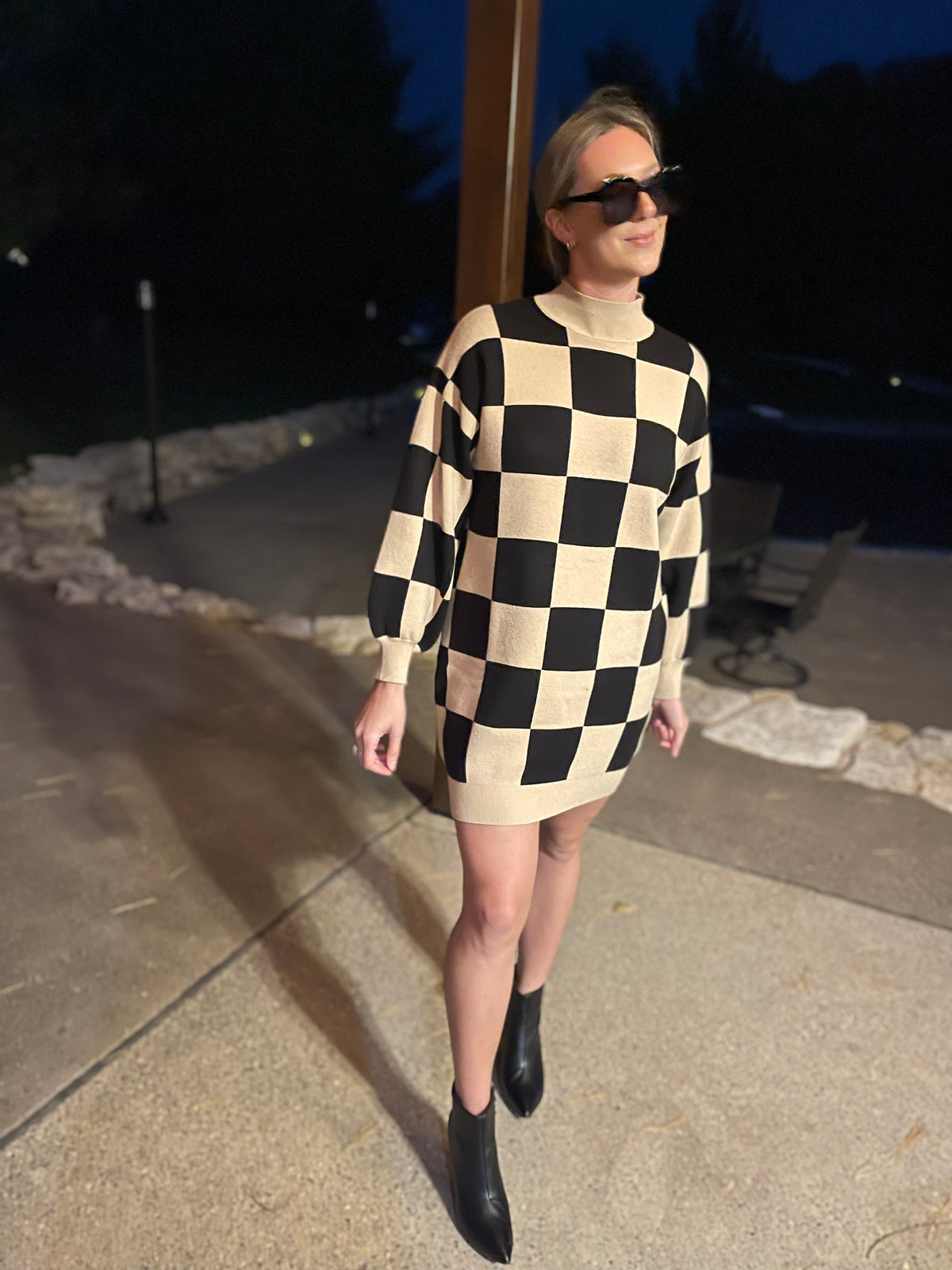 Checkered Mock Neck Sweater Dress