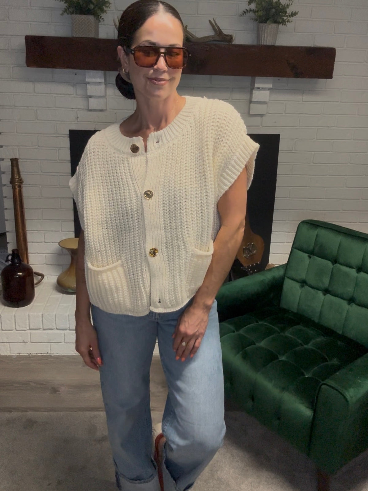Cream Gold Button Sleeveless Sweater