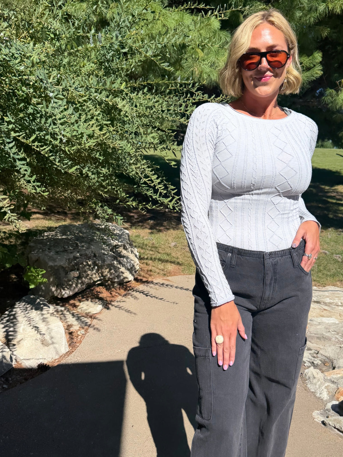 Grey Textured Long Sleeve Fitted Top