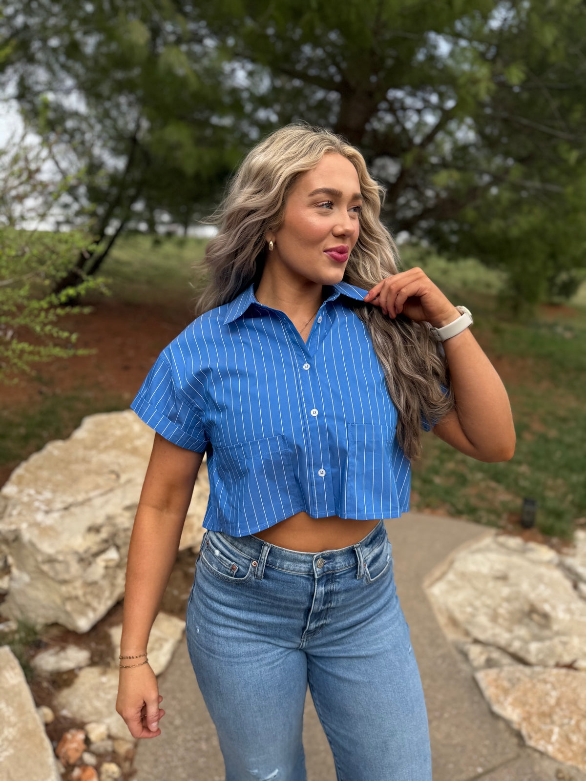 Cobalt Blue Cropped Woven Shirt