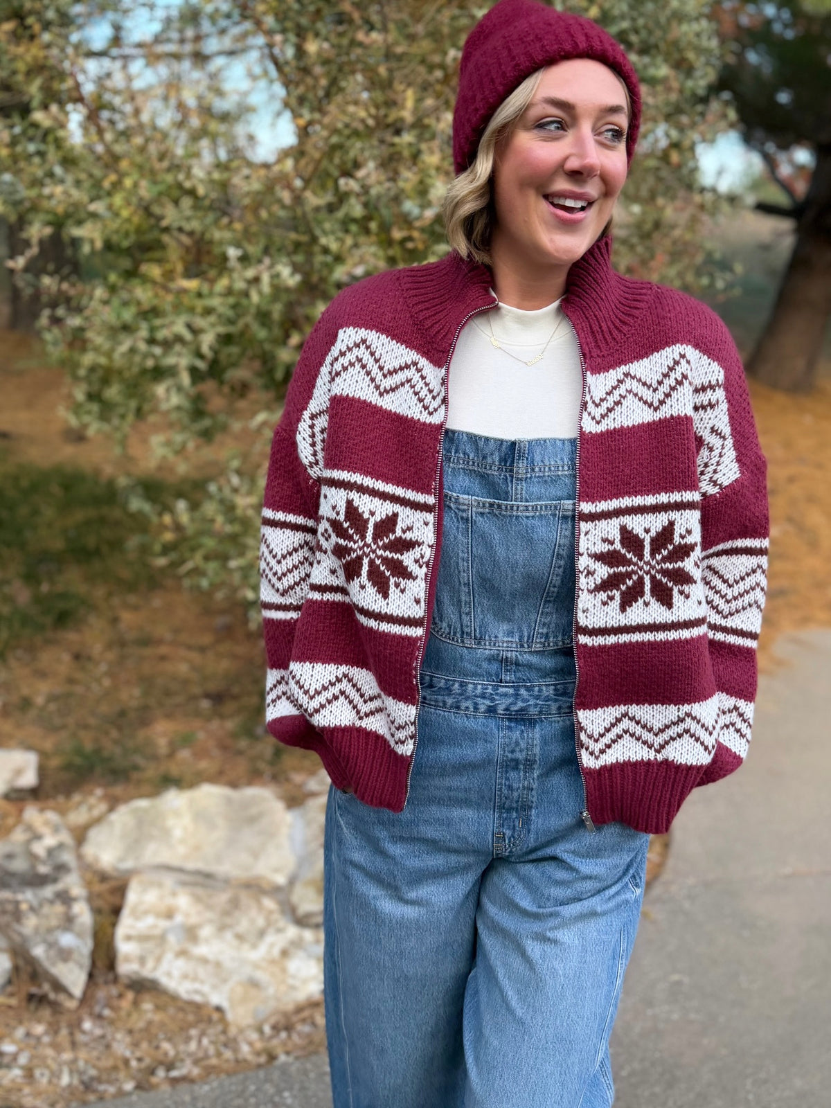 Burgundy Zip Front Fair Isle Sweater