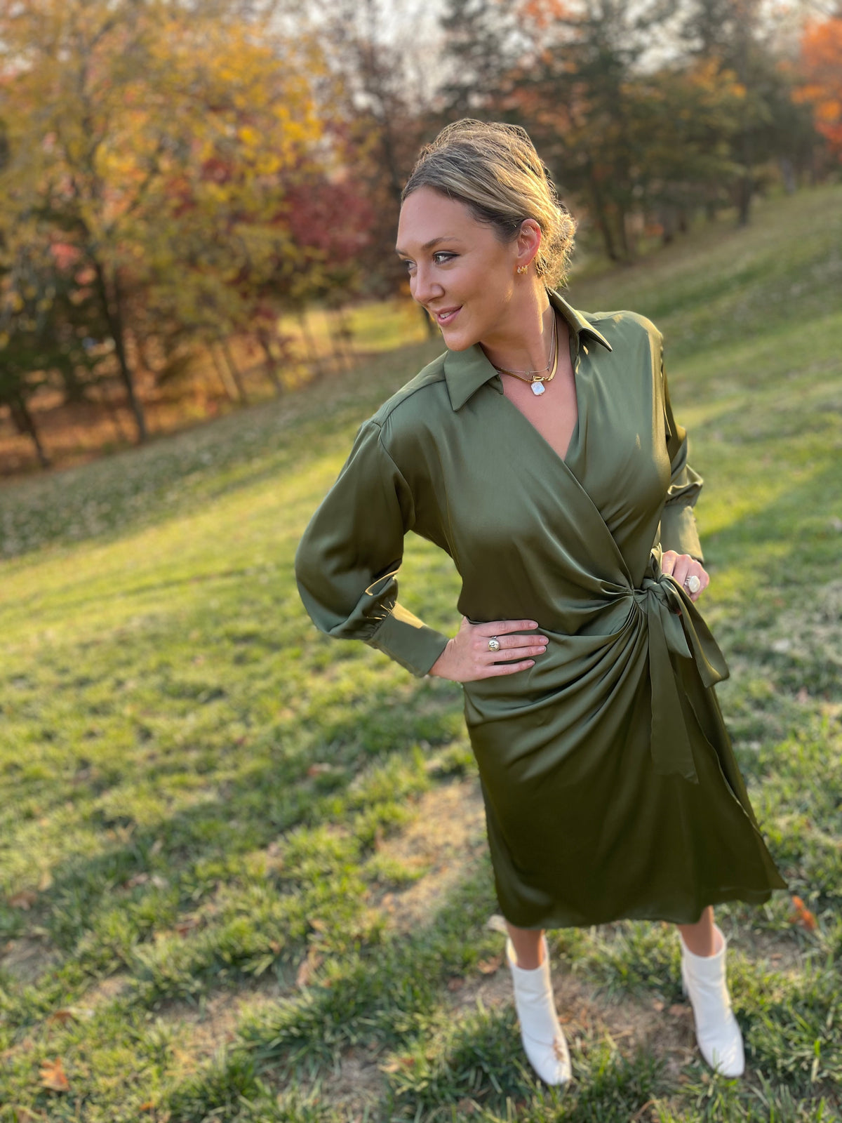 Olive Green Satin Waist Wrap Dress