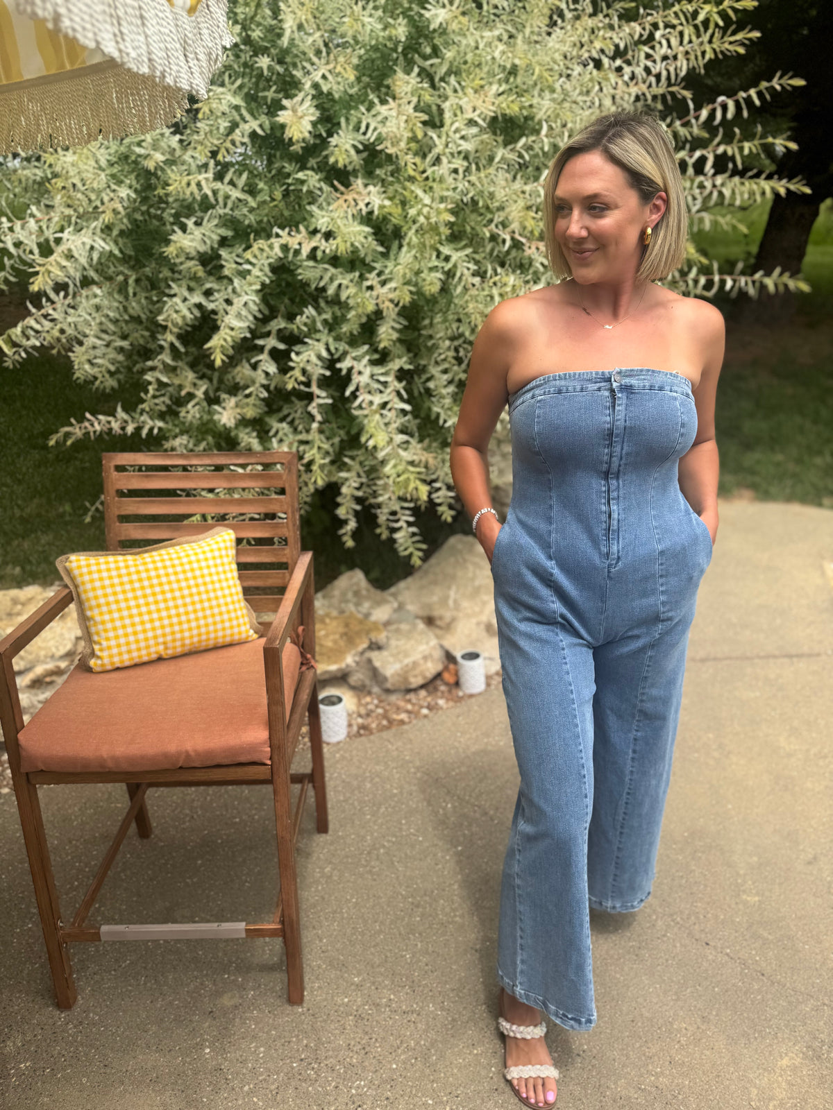 Strapless Wide Leg Denim Jumpsuit