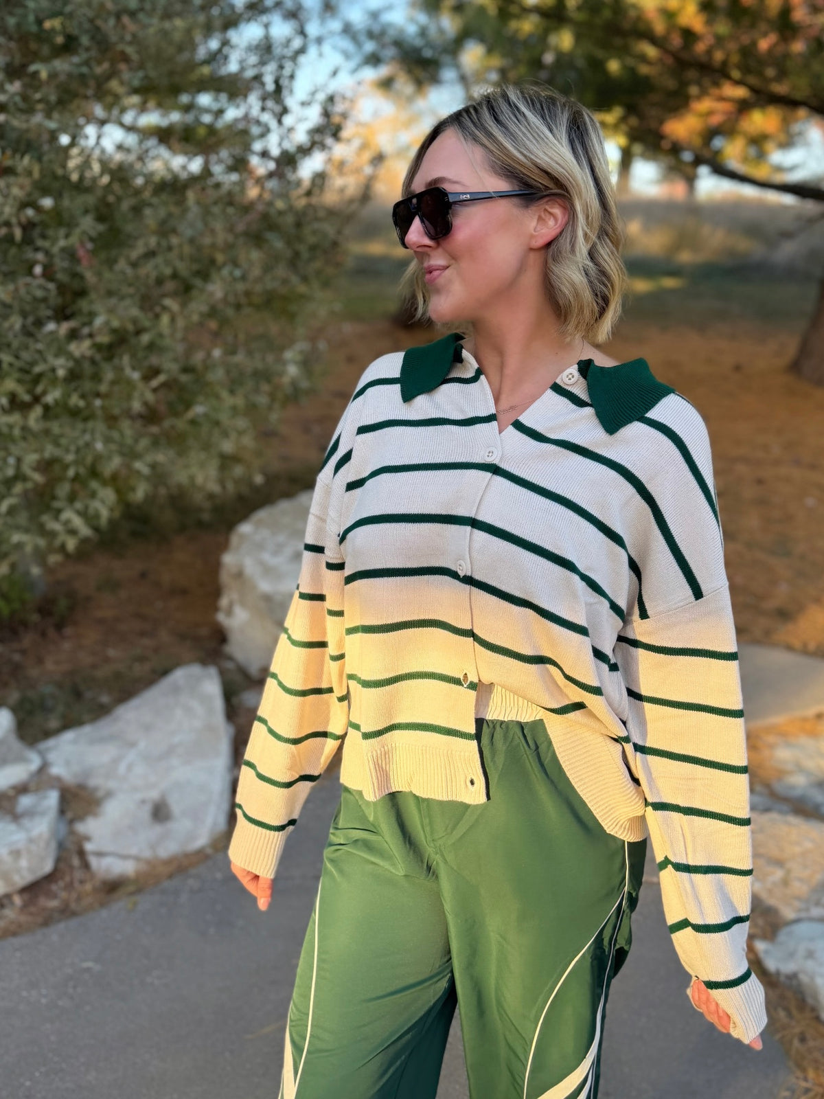 Green Stripe Collared Cardigan