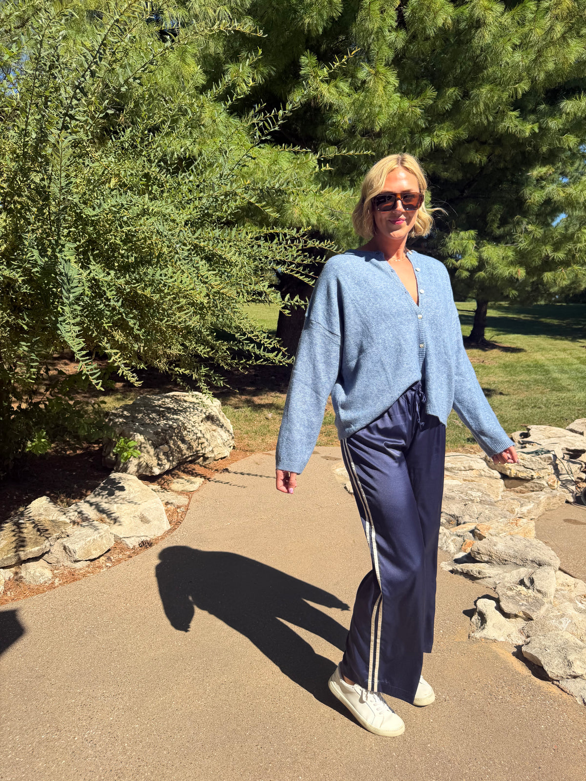 Navy with Cream Stripe Track Pants