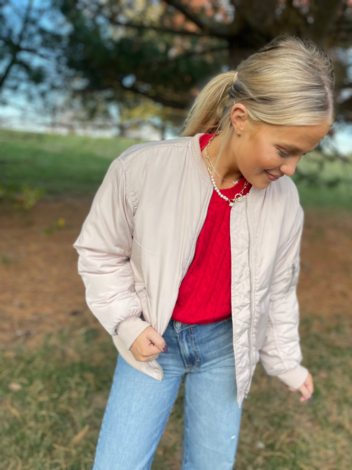 Cream Ruched Sleeve Bomber Jacket