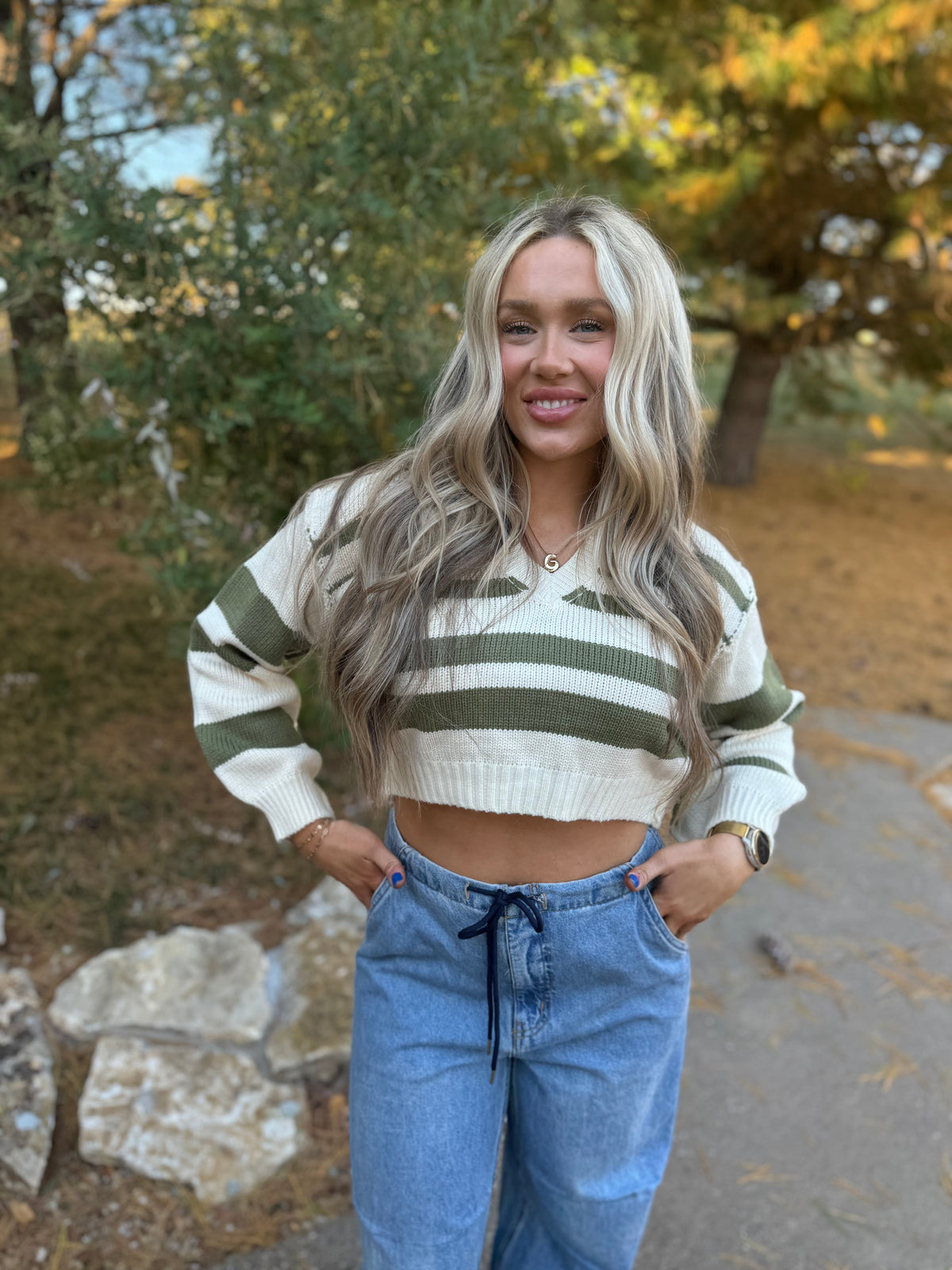 Olive Striped Cropped V-Neck Sweater