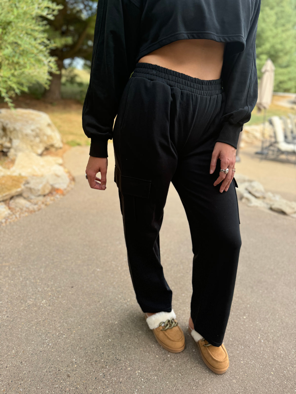 French Terry Crop Sweatshirt & Wide Leg Cargo Pant Set