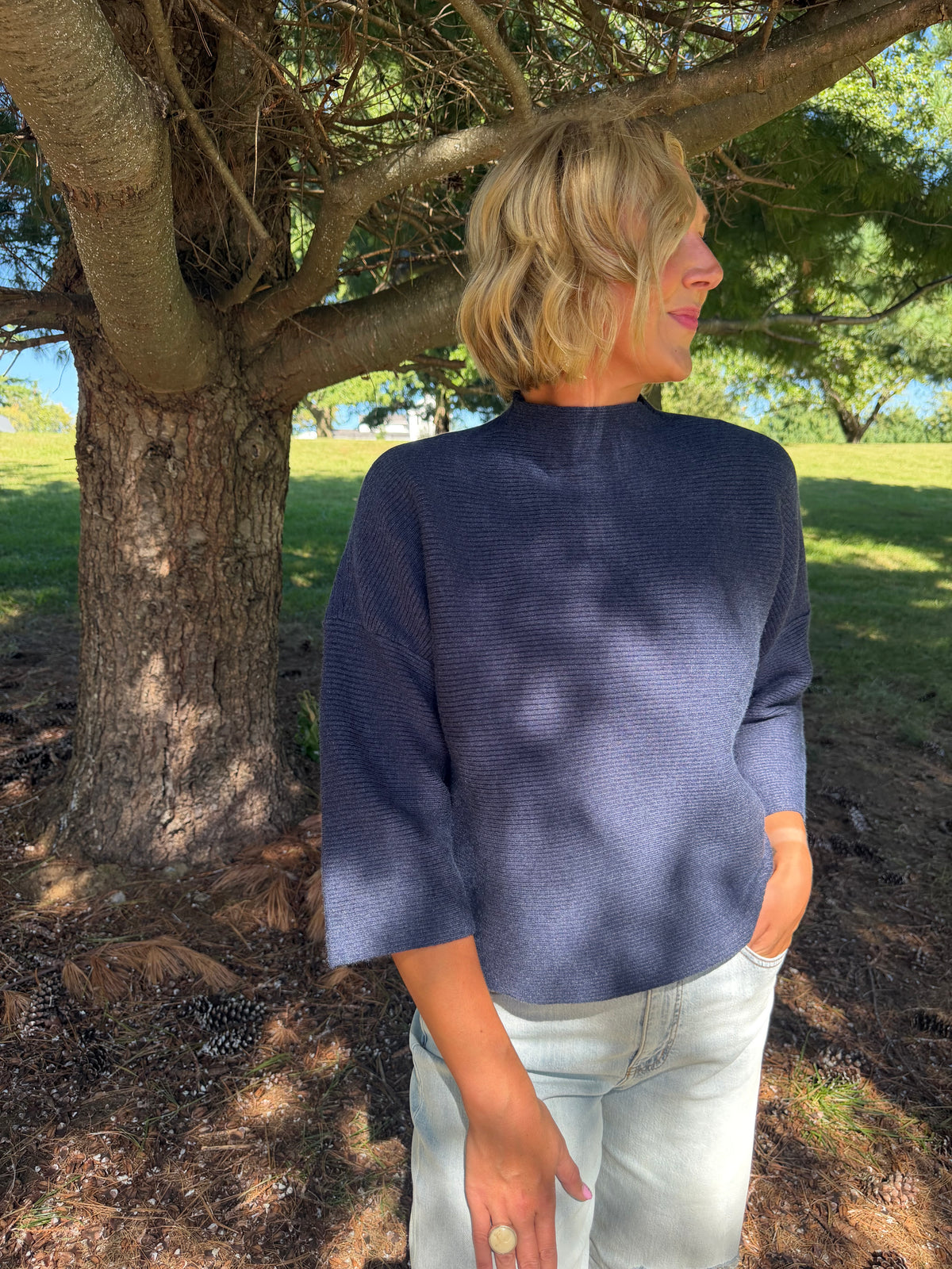 Navy Drop Shoulder 3/4 Length Sleeve Sweater
