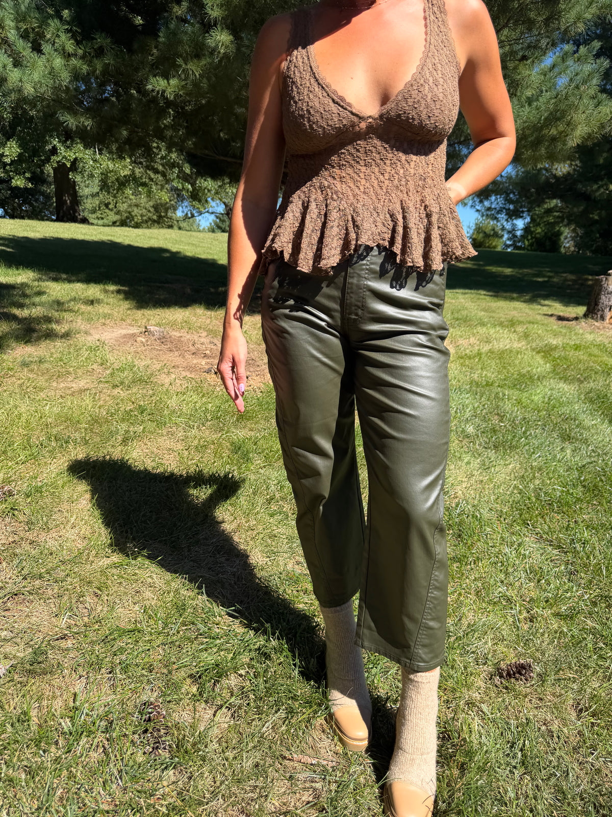 Brown Lace Ruffle Hem Top