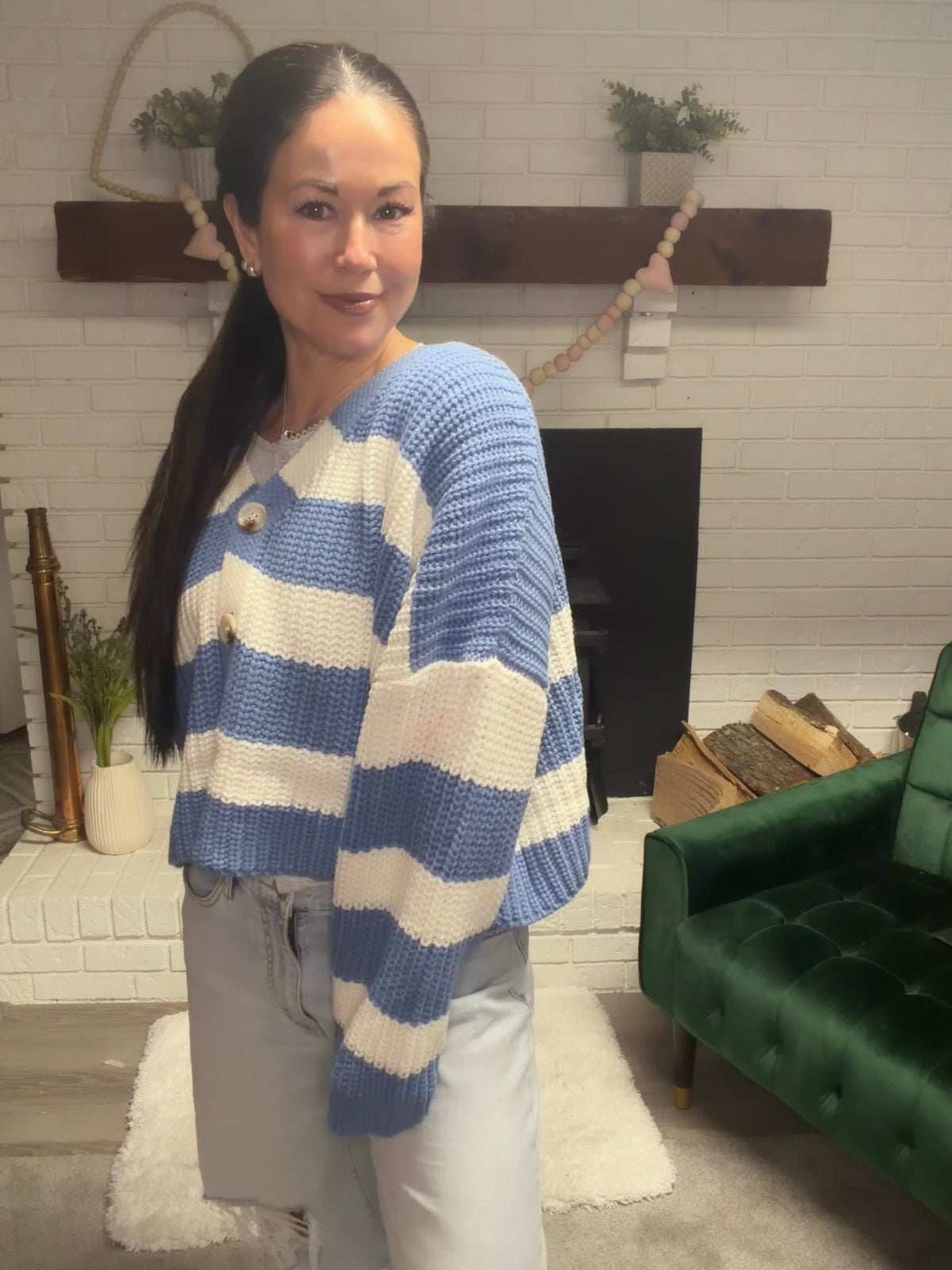 Dusty Blue Striped V-Neck Cardigan