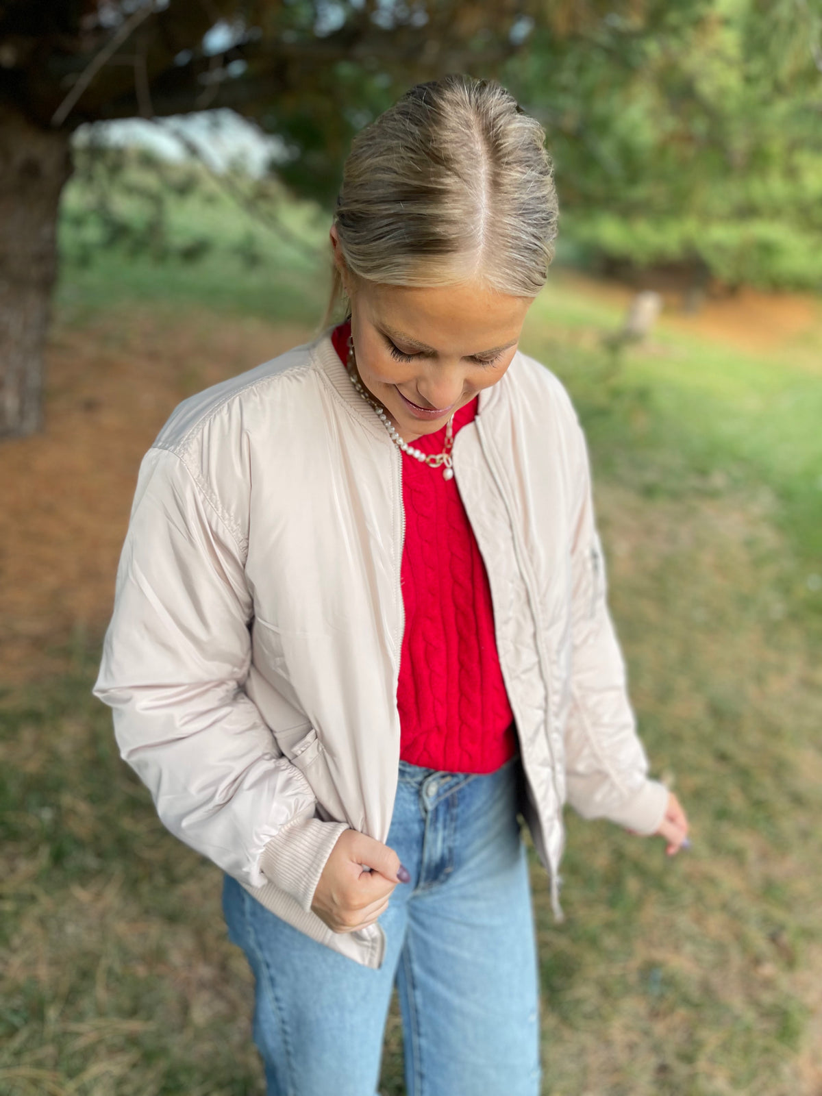 Cream Ruched Sleeve Bomber Jacket