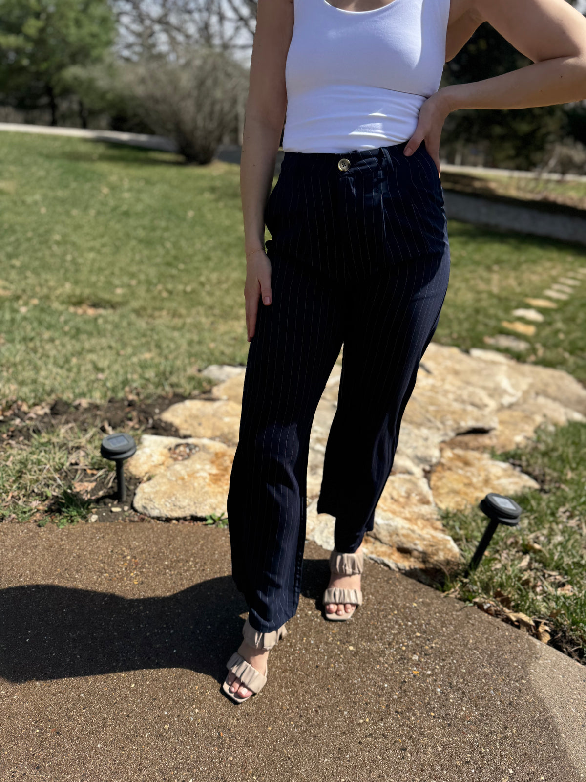 Navy Pinstripe Trousers