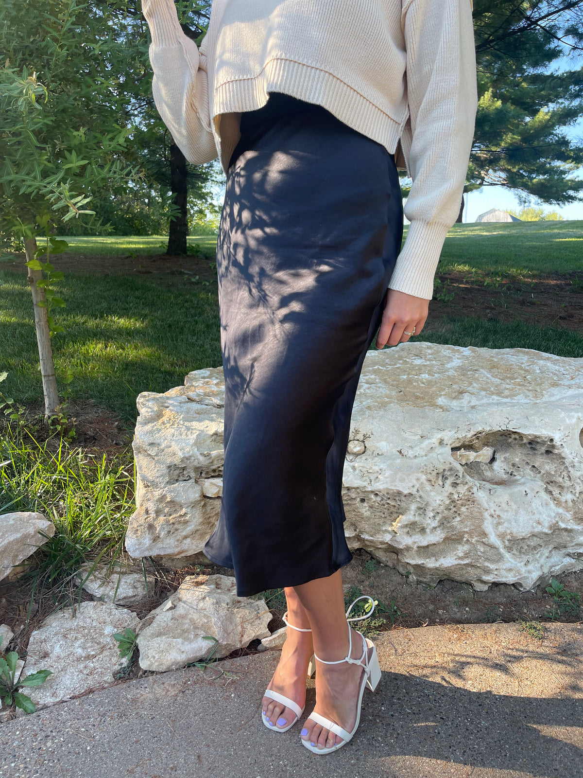 Black Satin Midi Skirt