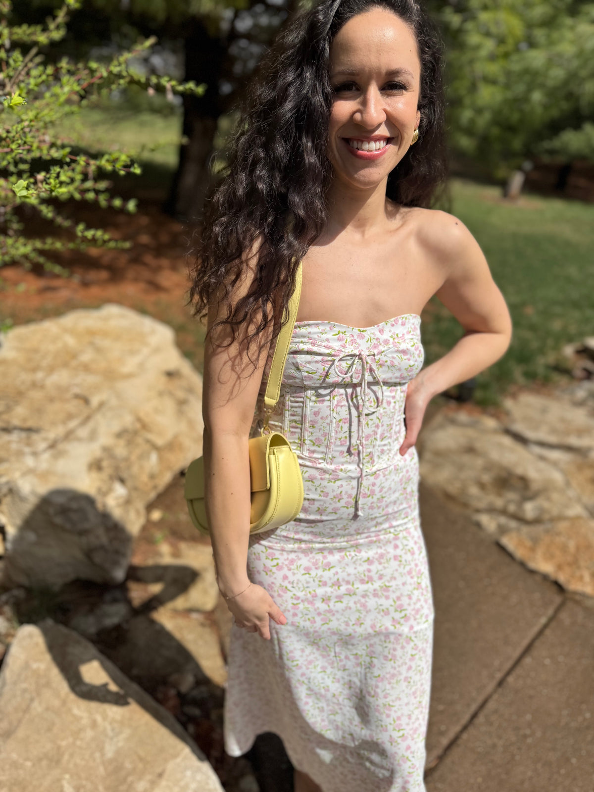 Pink Floral Print Strapless Midi Dress