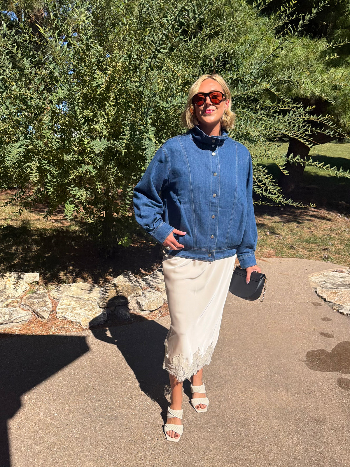Oversized Denim Funnel Neck Bomber Jacket