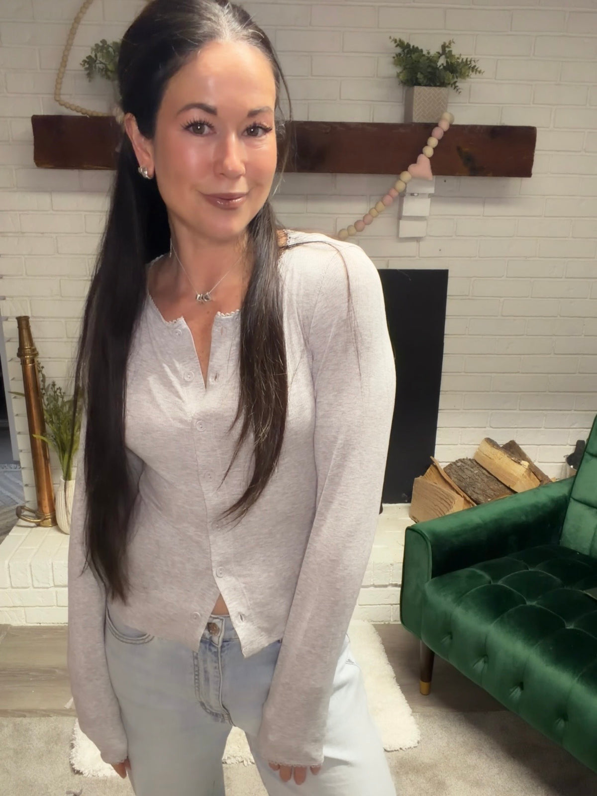 Grey Pico Trim Button Front Top