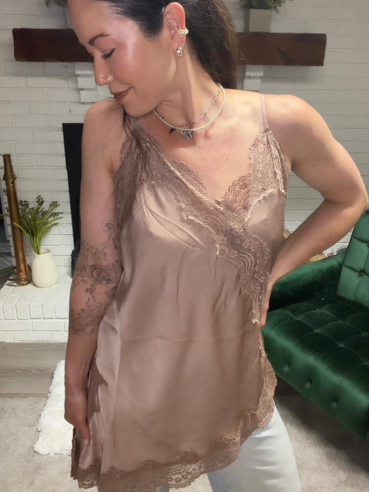 Mocha Asymmetrical Lace Tank Tunic Top