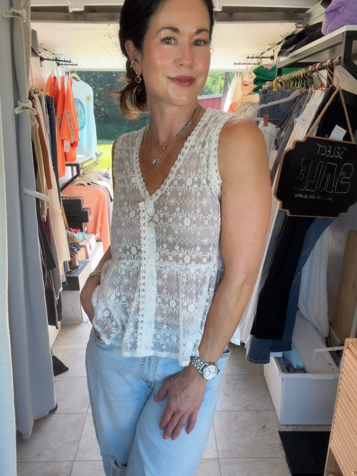 Sleeveless Lace Button Front Top
