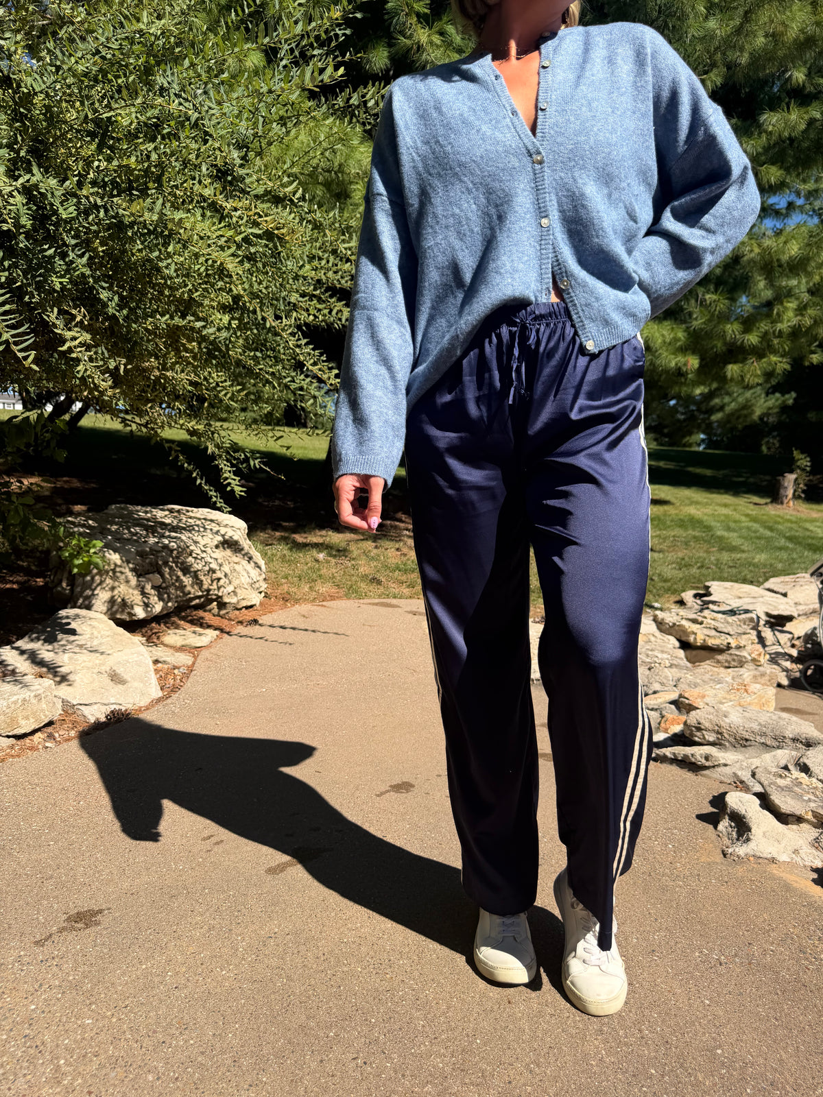 Navy with Cream Stripe Track Pants