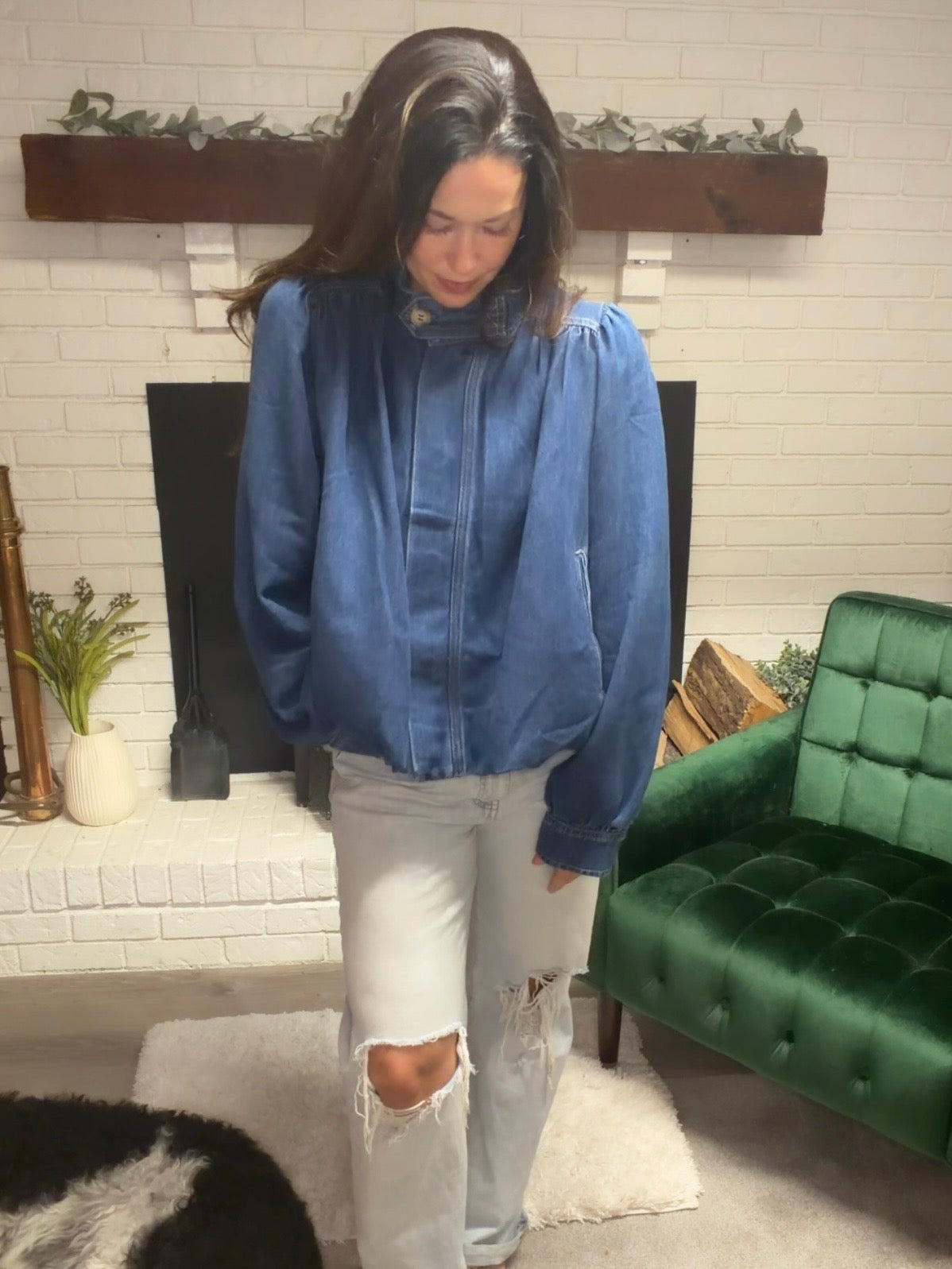 Bubble Hem High Neck Denim Jacket