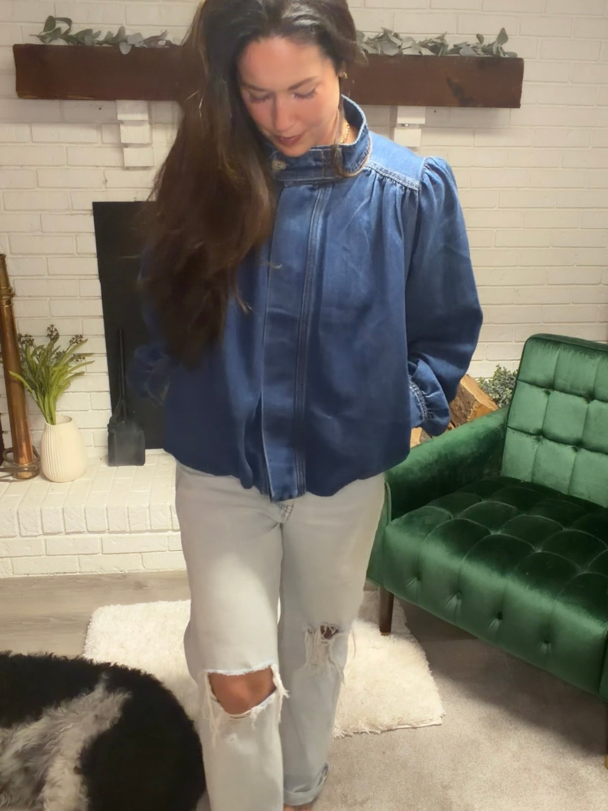 Bubble Hem High Neck Denim Jacket