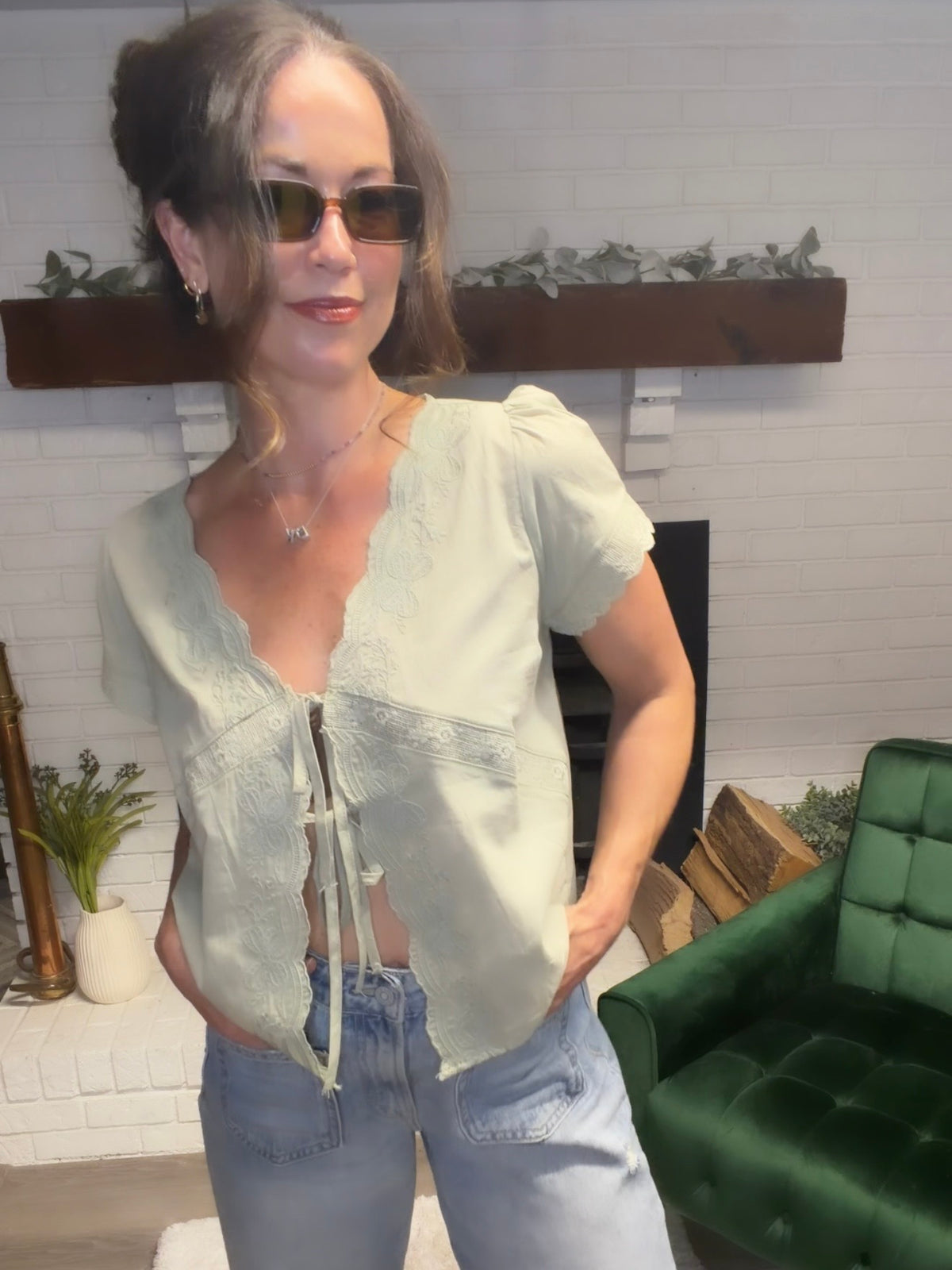 Sage Scalloped Edge Tie Front Top