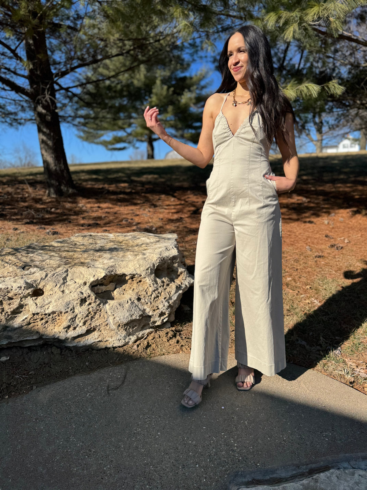 Tan Deep V Cross Tie Back Jumpsuit