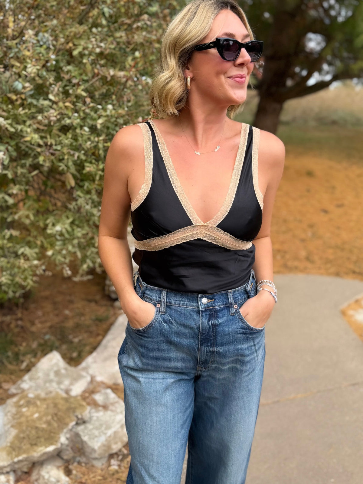 Black Lace Trim Tank Top