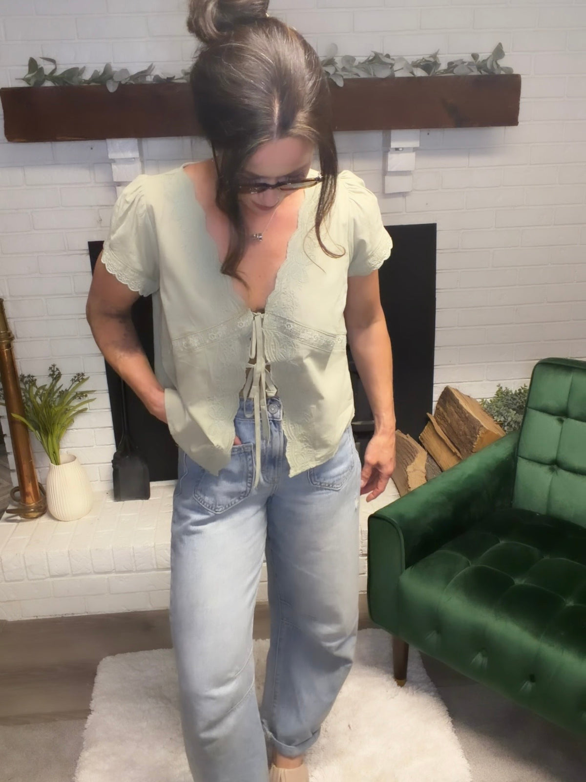 Sage Scalloped Edge Tie Front Top