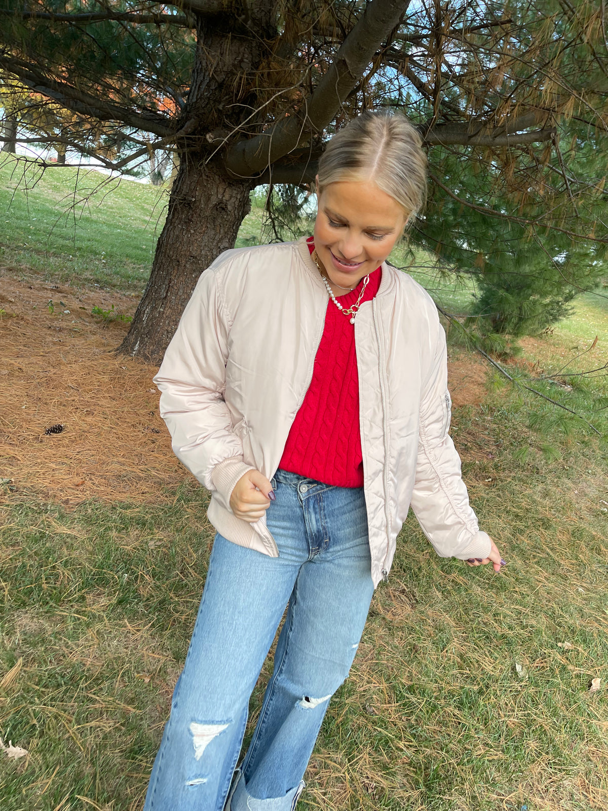 Cream Ruched Sleeve Bomber Jacket