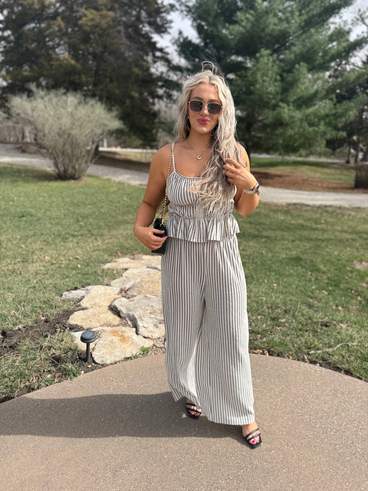 Black & Natural Striped Wide Leg Pants
