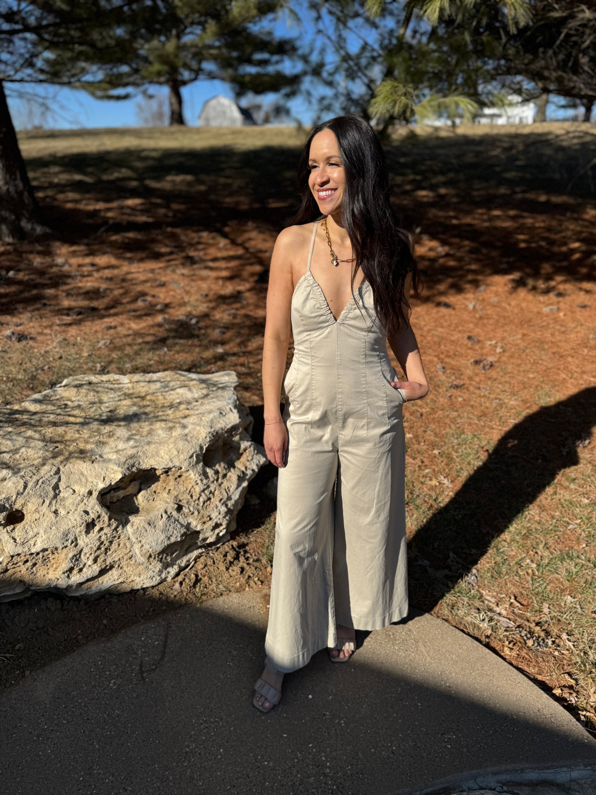 Tan Deep V Cross Tie Back Jumpsuit
