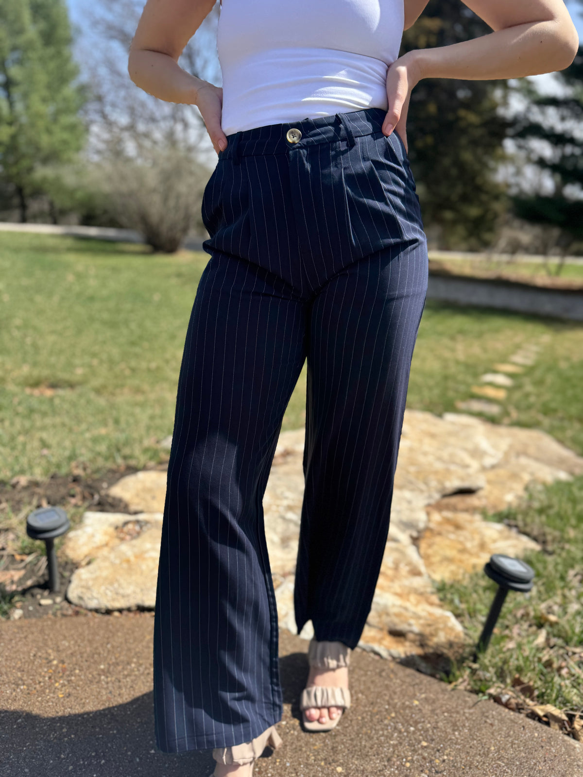 Navy Pinstripe Trousers