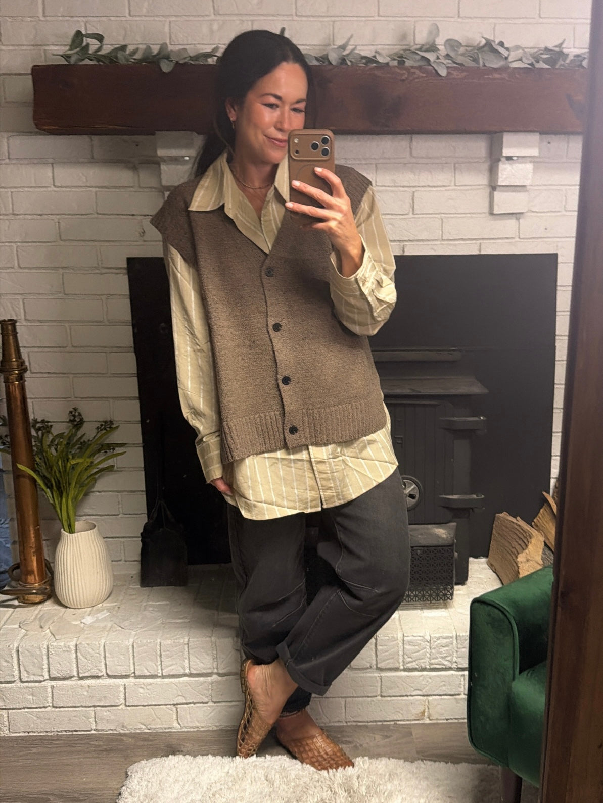Khaki Striped Oversized Woven Top