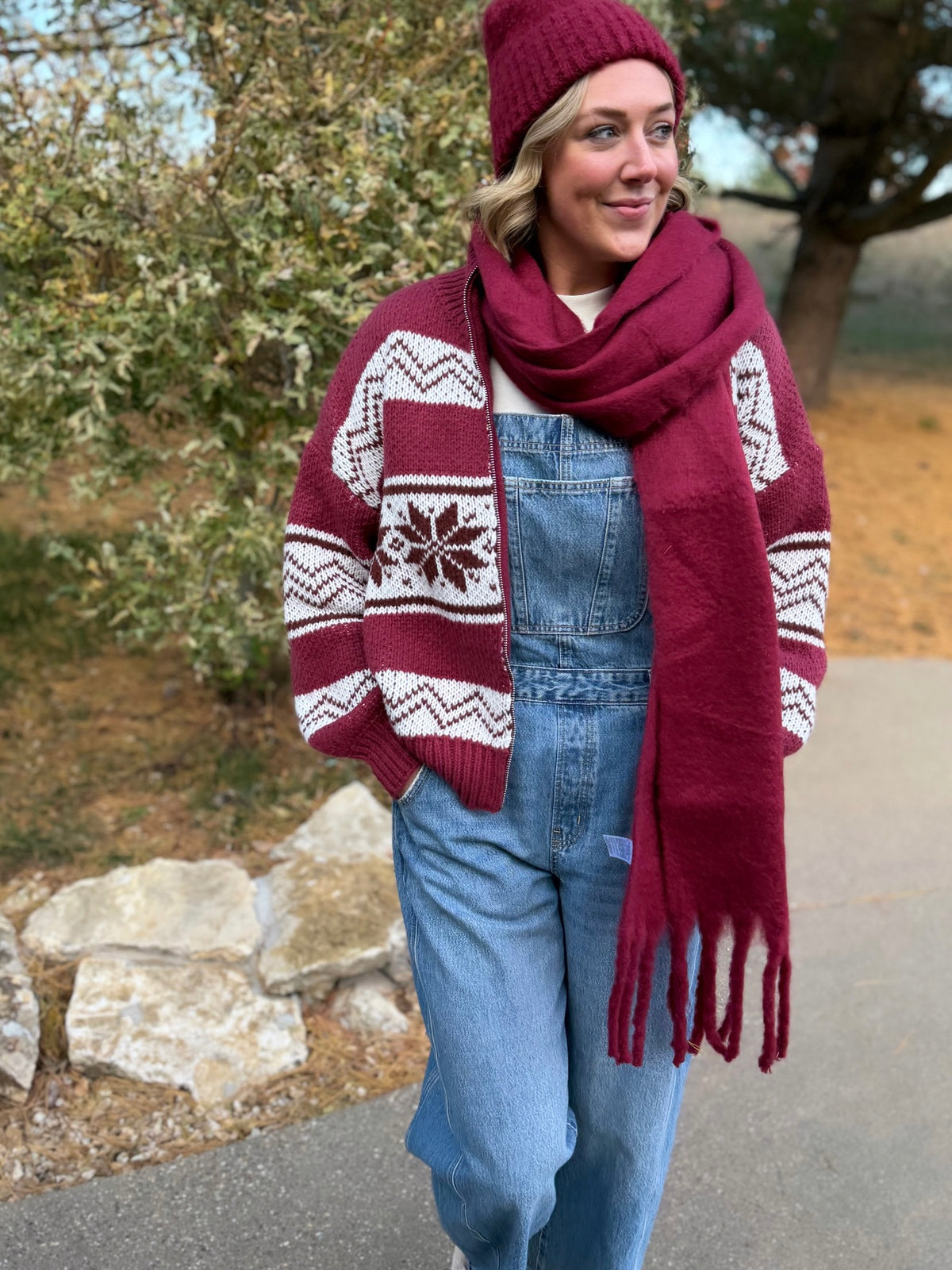Burgundy Zip Front Fair Isle Sweater