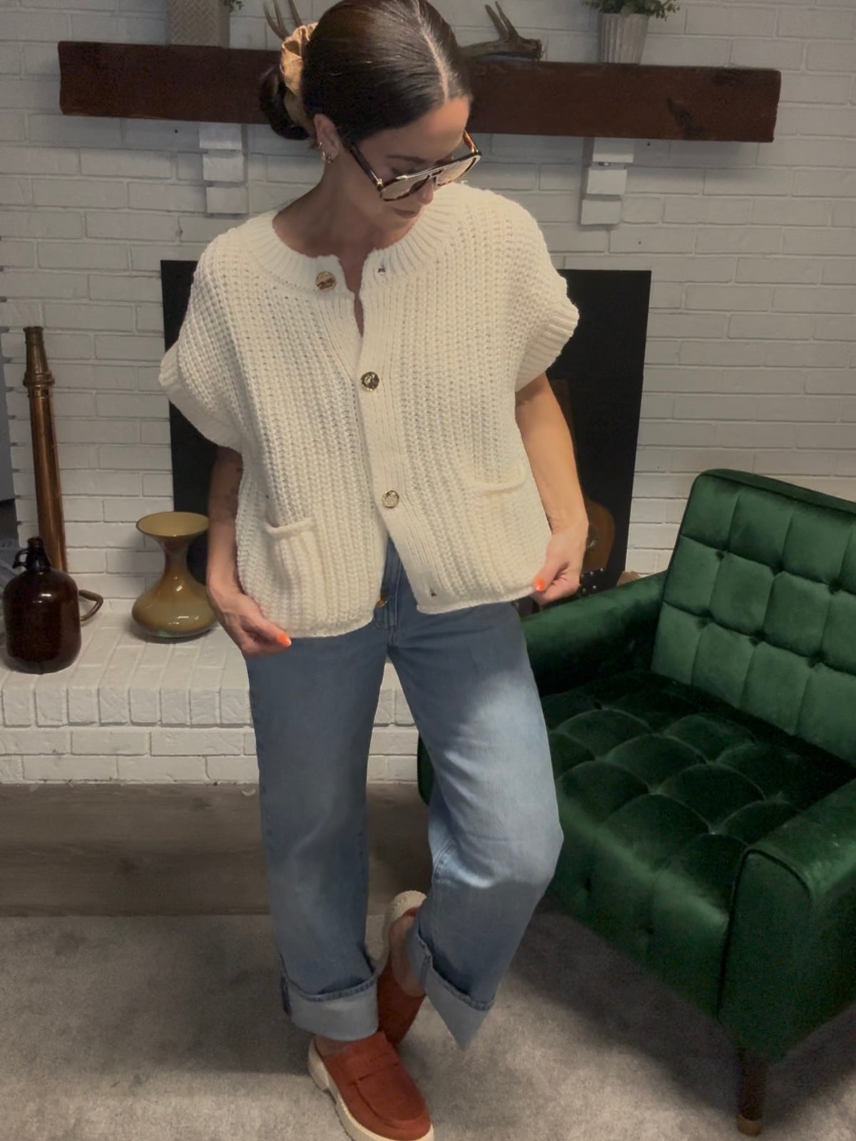 Cream Gold Button Sleeveless Sweater