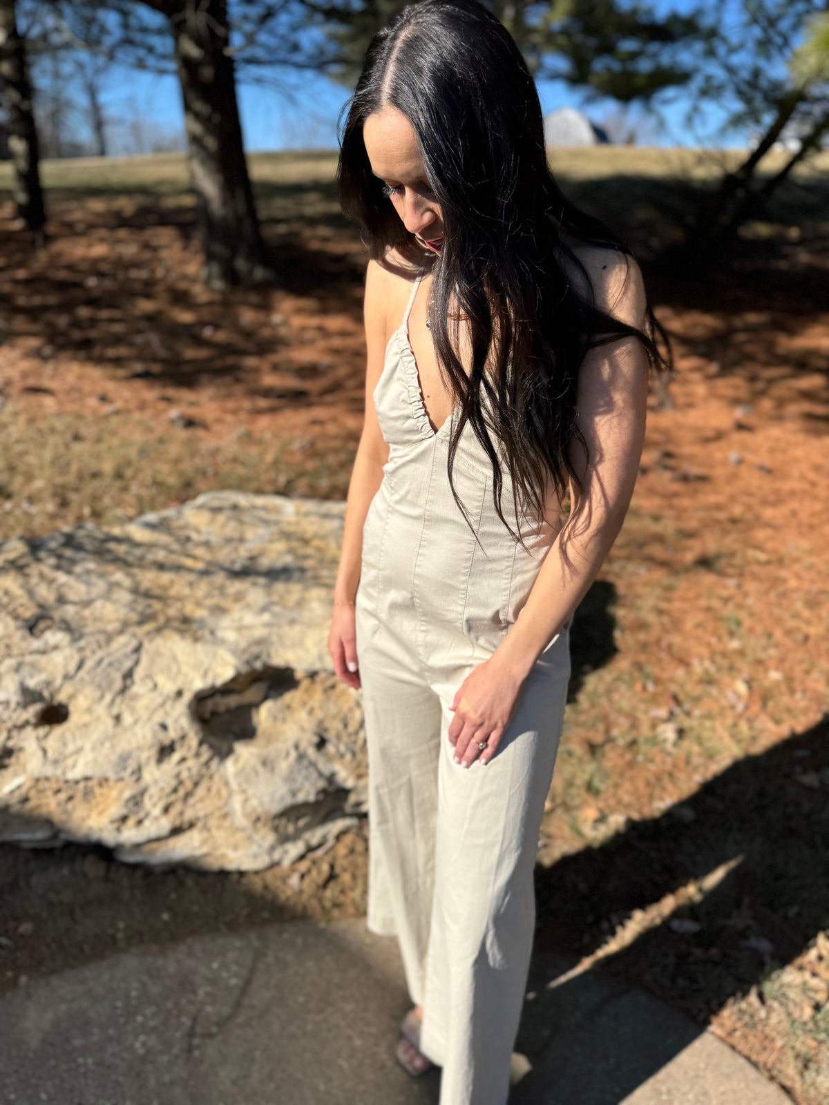 Tan Deep V Cross Tie Back Jumpsuit