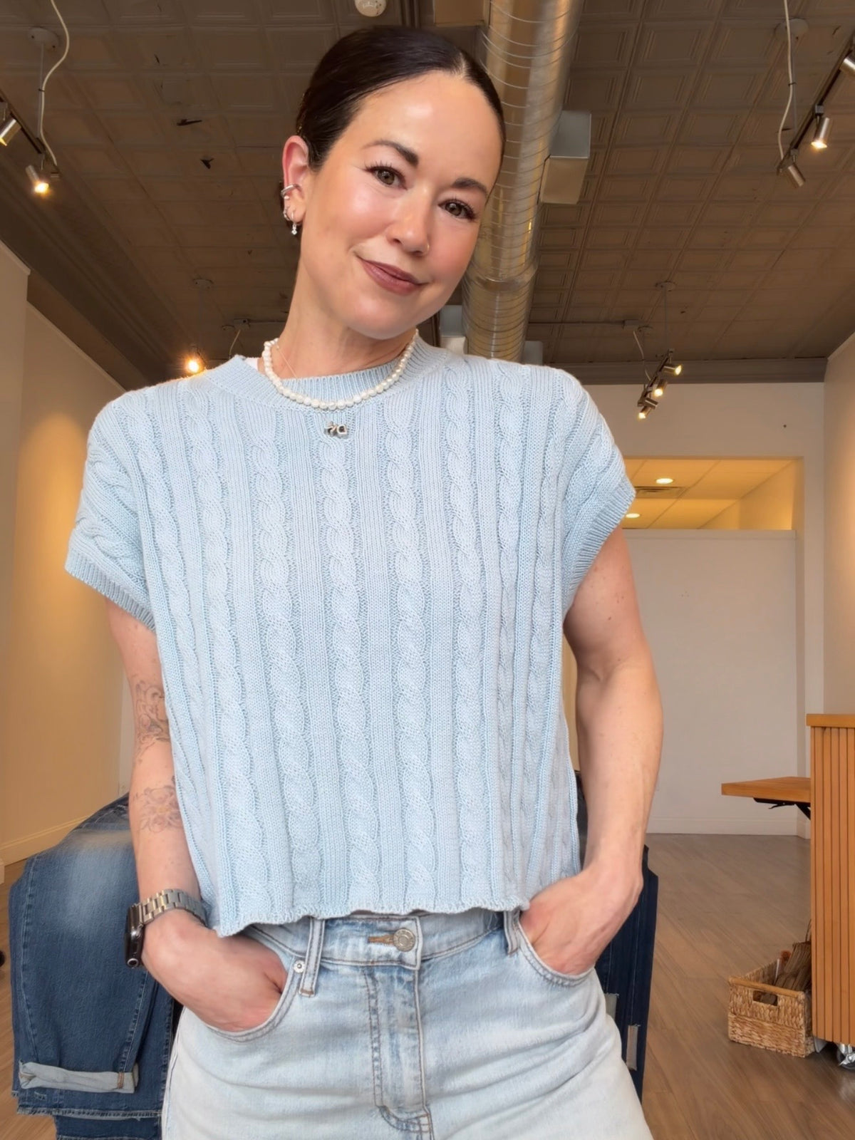 Chambray Blue Sleeveless Cable Knit Sweater